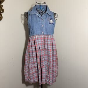 VTG Little Big Dogs Girl Embroidered Denim & Plaid Dress SZ 14 I Love My Big Dog